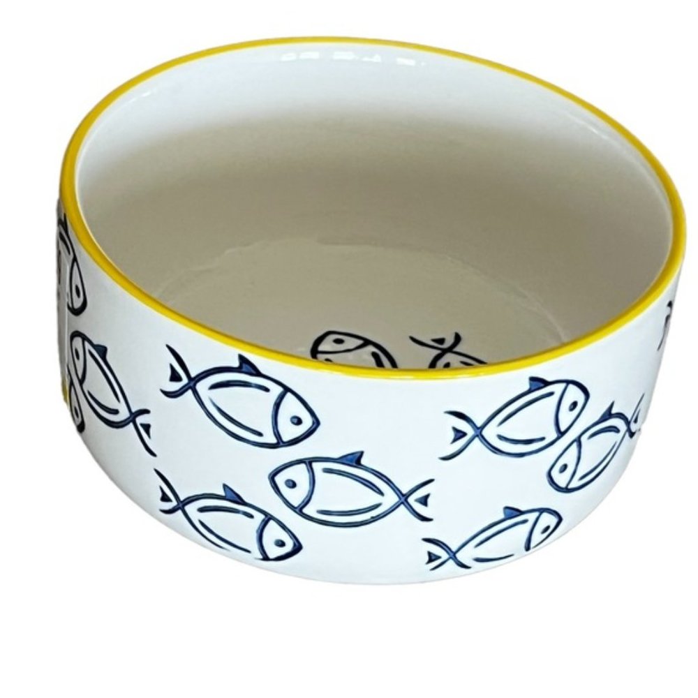 Large Ceramic white bowl with blue fish design. Like new, no scratches or chips.